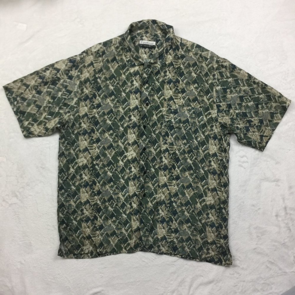 VTG Firethorn 100% Silk Short Sleeve Shirt Mens sz Large Green Beige Geometric